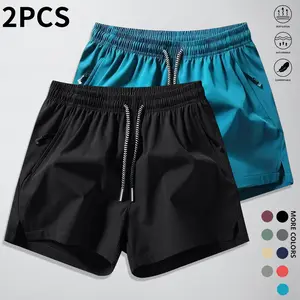 Men’s casual solid-color athletic shorts, set of 2 — lightweight summer shorts for home workouts, quick-dry design with zippered pockets; suitable for running, fitness, and cycling.