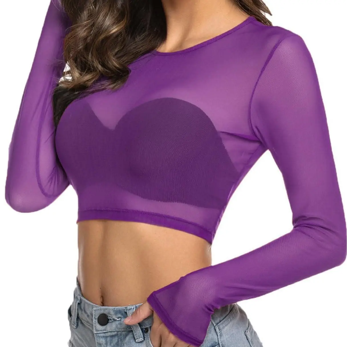 Avidlove Women Mesh Crop Top Long Sleeve See Through Shirt Sheer Blouse O Neck Clubwear S-4XL