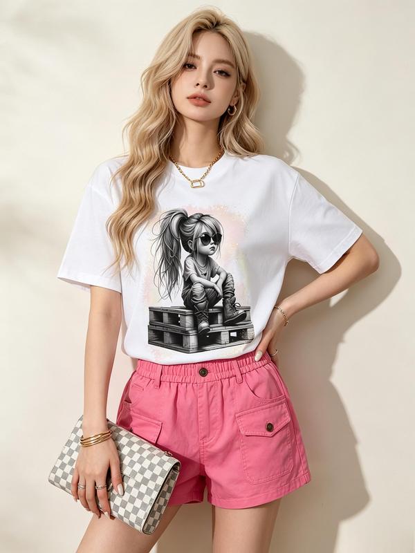 Women's Essential Pure Cotton Cap-Sleeve Grunge Look Graphic Tshirt - Soft Crew Neck Fitted Lightweight Casual Streetwear Top, for Valentine's Day, Easter, Halloween, Black, White