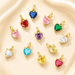 12 Zodiac Birthstone Heart Pendant Charms, Colorful CZ Copper DIY Jewelry Accessories for Necklace Bracelet Earring Making
