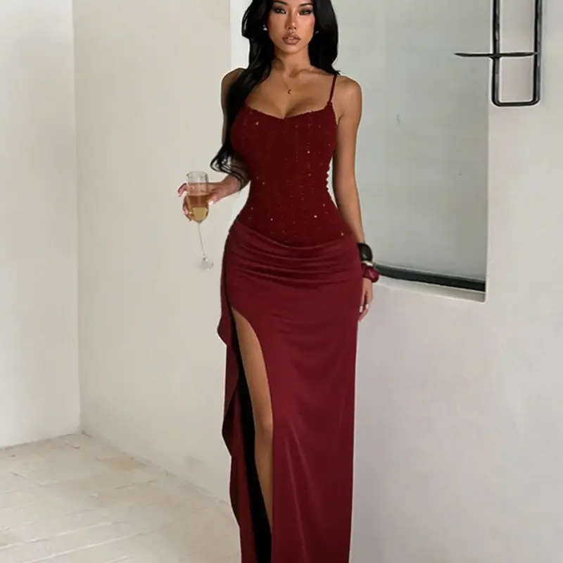 Women's Spaghetti-Strap Textured-Bodice Evening Gown with Side Slit, Elegant Party Dress Perfect for Weddings and Formal Events, Womenswear