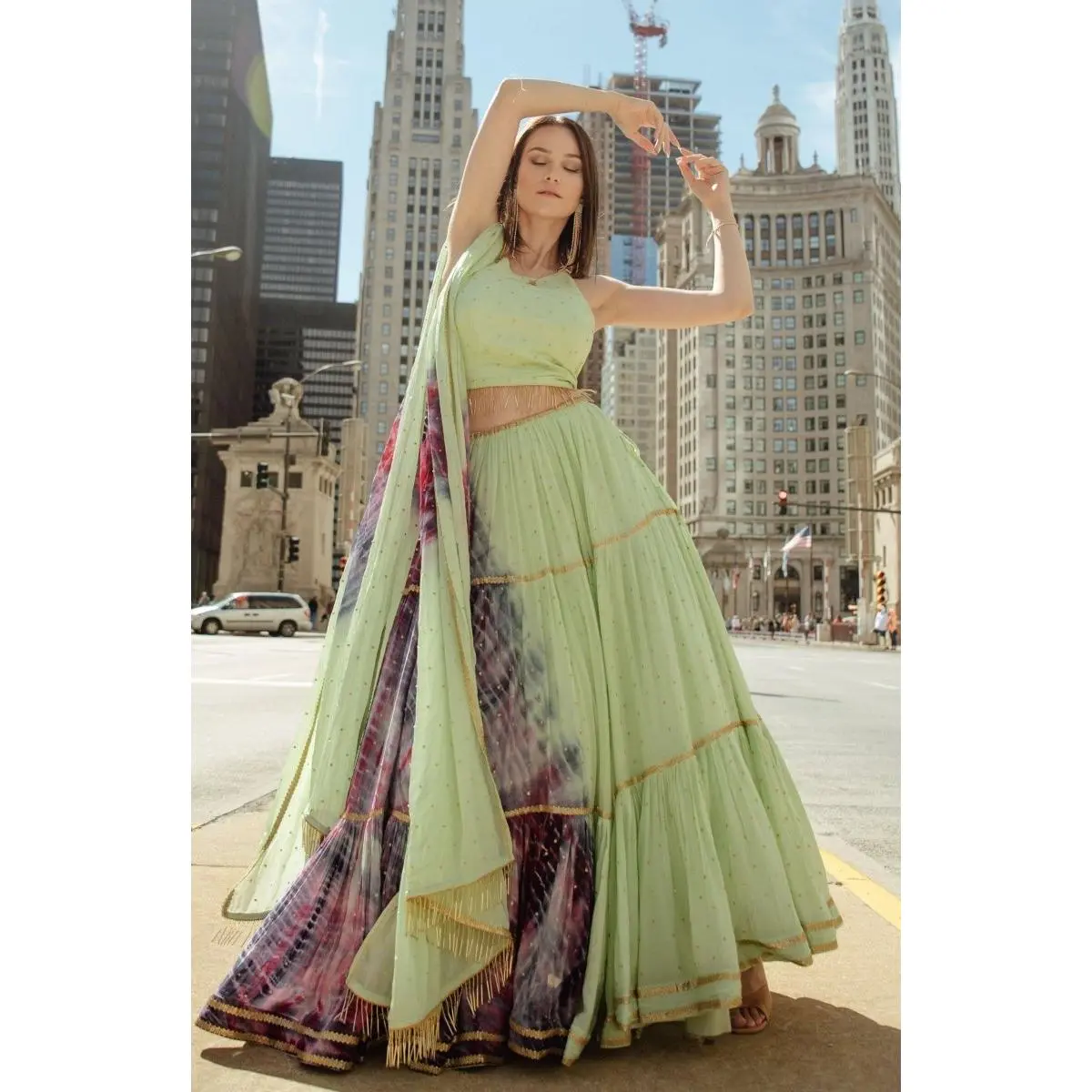 Pista Green Hand Tie-Dye Lehenga Choli Set with Sequins Embroidery