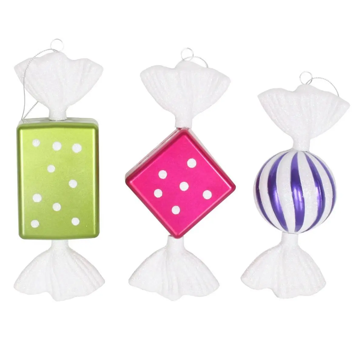 212 MAIN 8 in. Glitter Candy Christmas Ornaments, Colorful Purple-Lime-Cerise Plastic Decor, 3 per Box (36 Total) Party Decoration Supplies