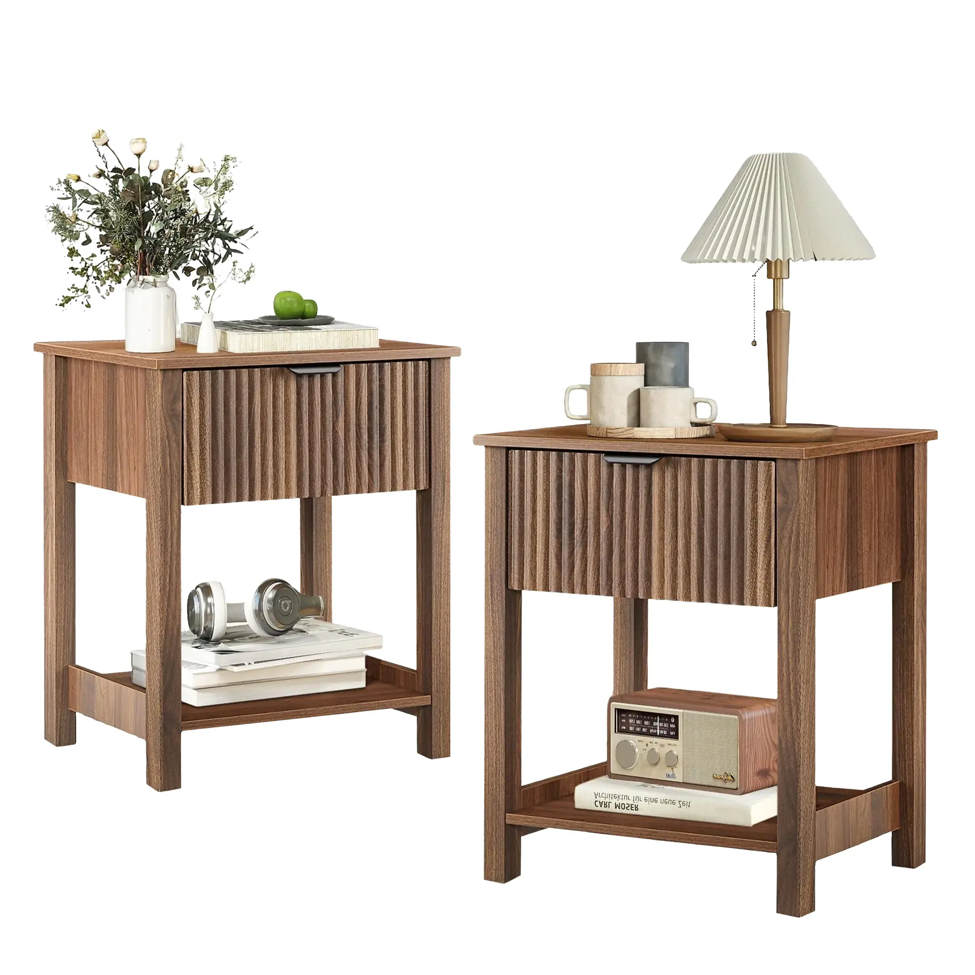 Giratree 21.65" 2 Set Mid Century Modern Night Stand with Drawer, Farmhouse Nightstand for Bedroom, Small End Table with Storage, Living Room/Bed Side Table for Small Spaces, Fluted Nightstand