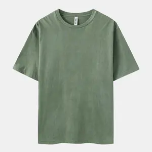 Vintage Wash Sage Crew Neck Menswear Top - Beige Streetwear Tshirt with Tropical Style and Short Sleeve Design