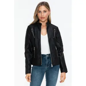 Snobbish Faux Leather Zip Up Mock Neck Jacket