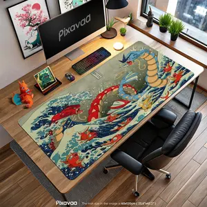Gyarados Wave Battle Mouse Pad - Japanese Ukiyo-e Inspired Art, Koi King Magikarp Gaming Desk Mat