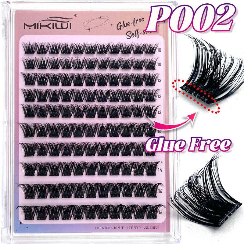 MIKIWI D Curl 110PCS Lash Clusters Wispy Glue Free Eyelash Extensions Fluffy Self Adhesive Individual Lashes 10-16mm Mix Length Natural DIY Cluster Lashes With Soft Thin Band