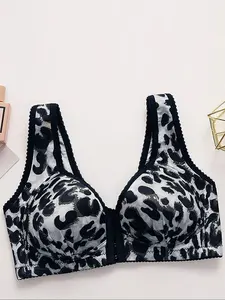 Women's Leopard Print Wireless Bra, Front Buckle Design, Wide Straps, Comfortable All-Day Wear, Casual Fitted Style, Underwear, Supportive Bra