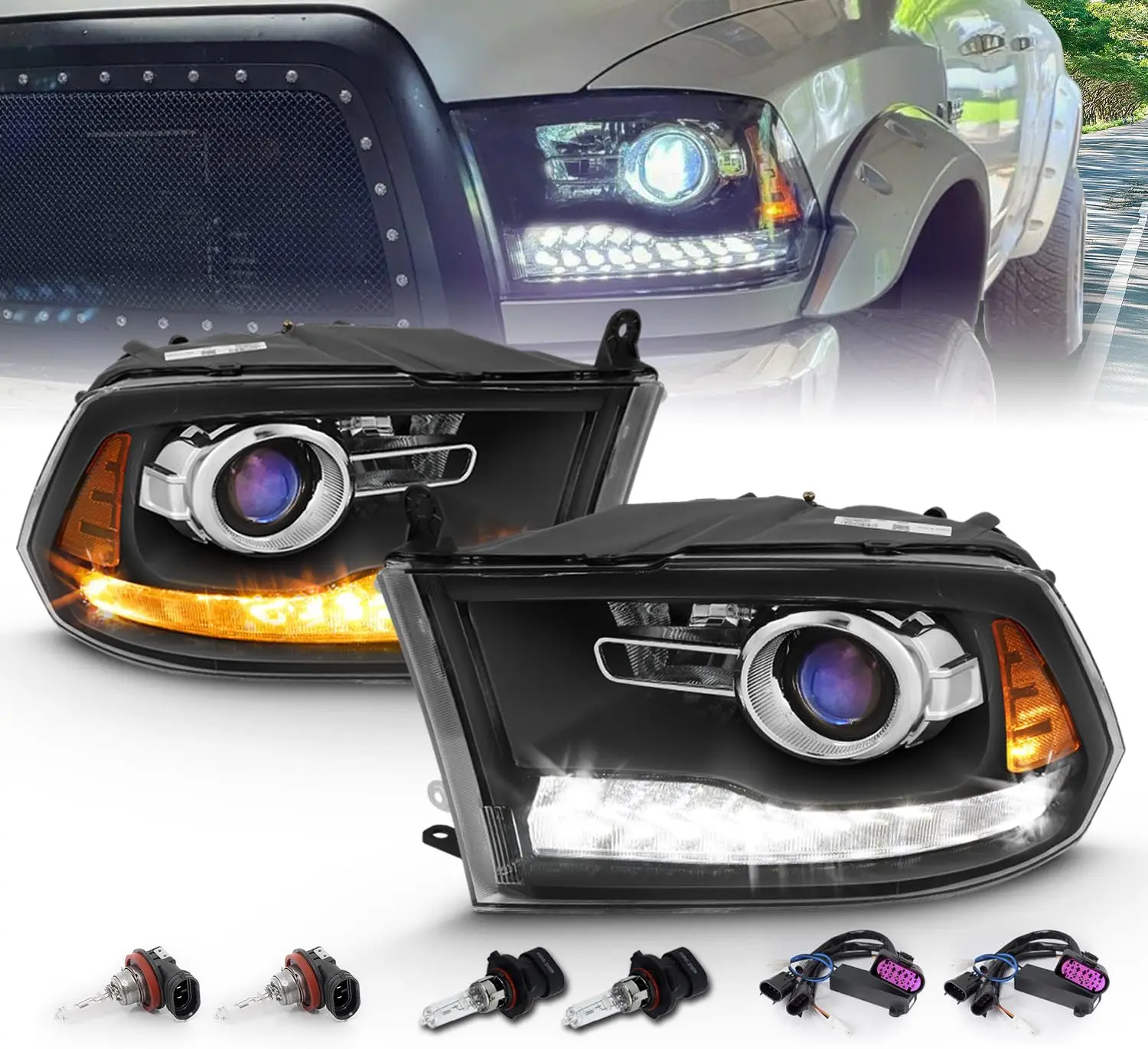 AmeriLite for 2009-2018 Dodge Ram 1500 2500 3500 Dual/Projector Models Switchback LED Tube Matte Black Replacement Headlight Assembly Set - Passenger and Driver Side