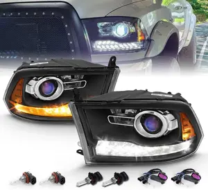 AmeriLite for 2009-2018 Dodge Ram 1500 2500 3500 Dual/Projector Models Switchback LED Tube Matte Black Replacement Headlight Assembly Set - Passenger and Driver Side