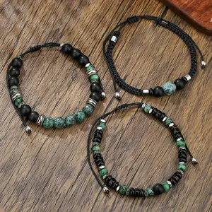 3pcs Beaded Bracelets for Men – Turquoise & Black Onyx Elastic Stackable Bracelets, Bohemian Style for Casual Wear, Parties, Valentine’s Day Gifts, and Year-Round Earth Tone Accessories