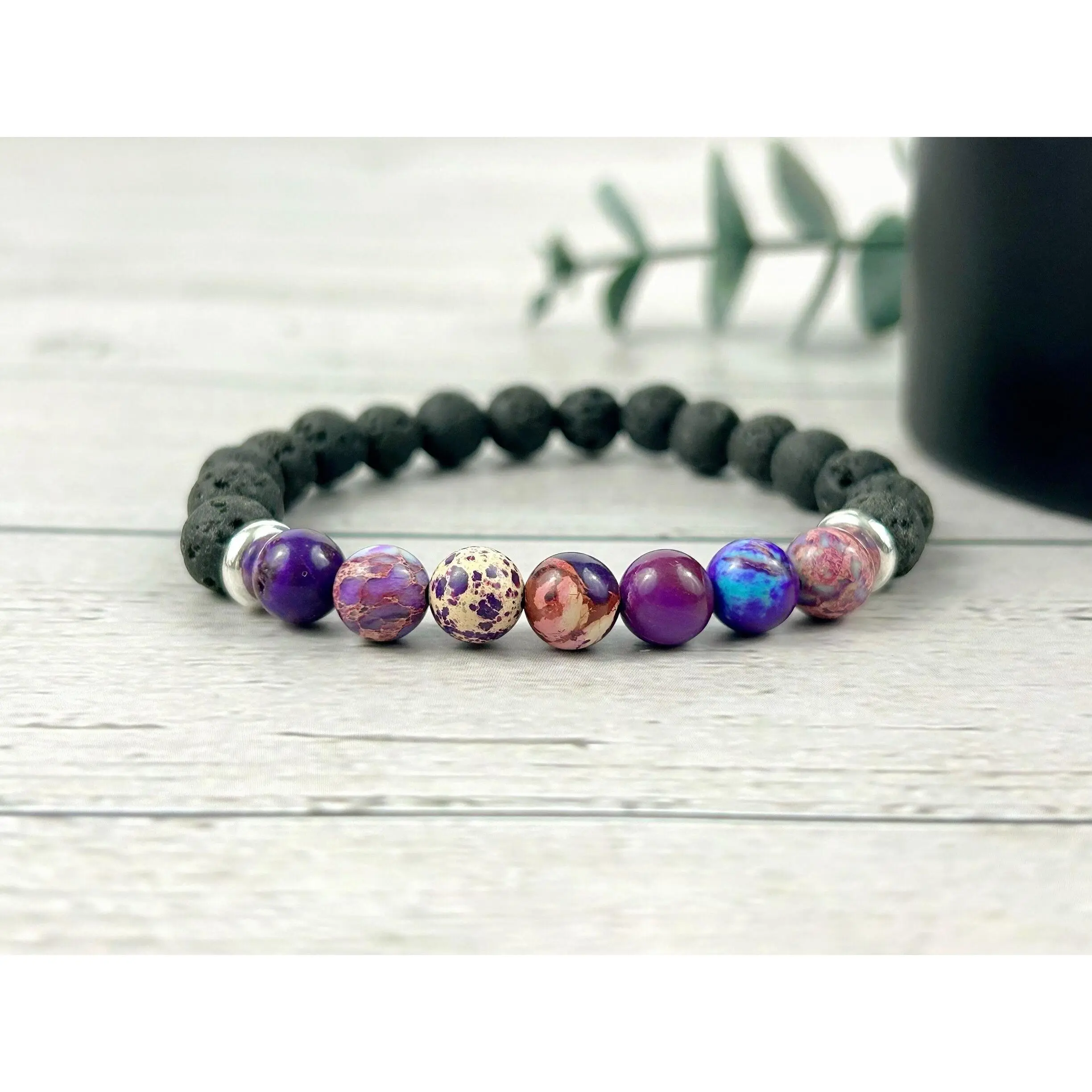 Purple Imperial Jasper Bracelet with Black Lava Beads - Essential Oil Bracelet - Diffuser Bracelet