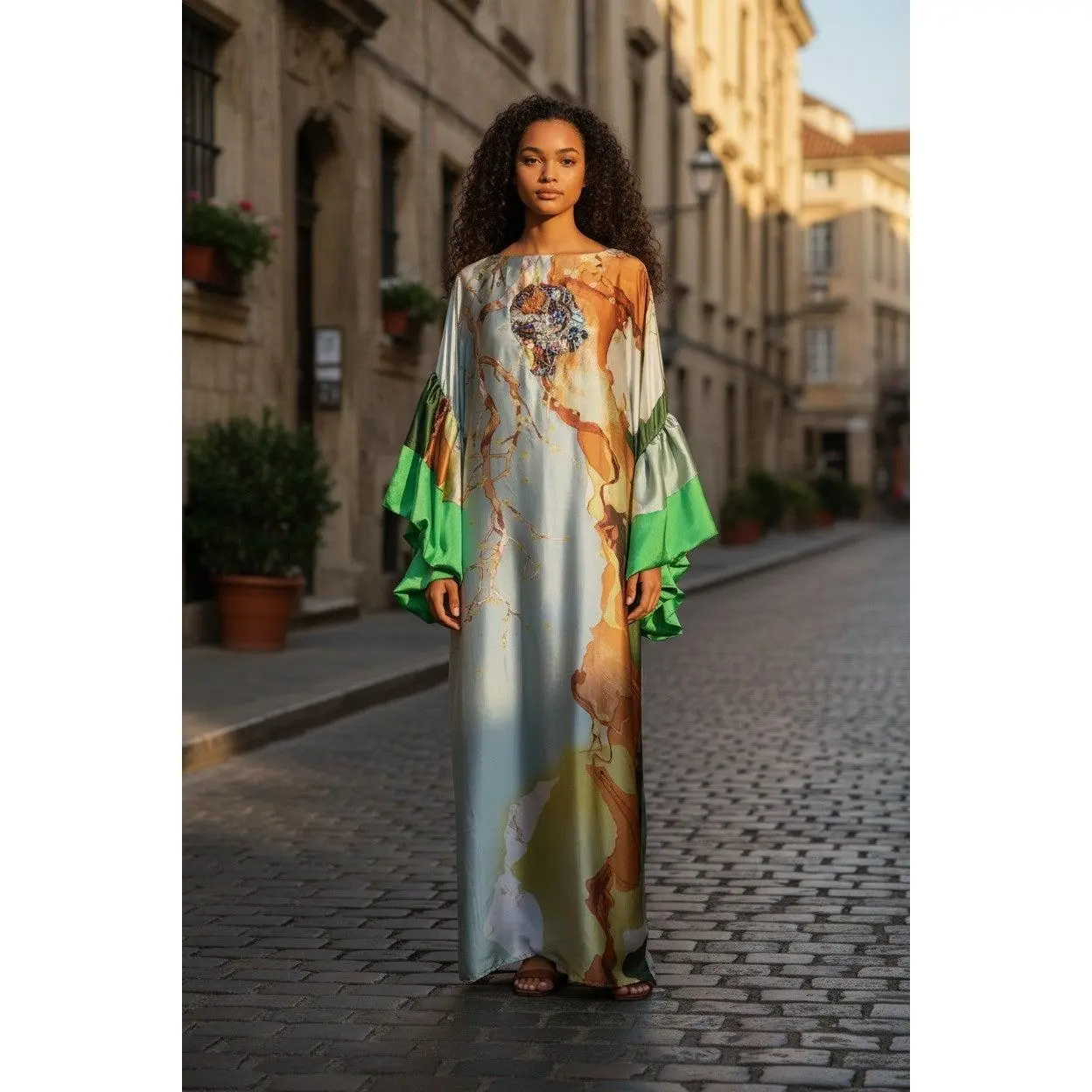 Sequin Kaftan Dress: Green, Gold, Orange Floral, One Size