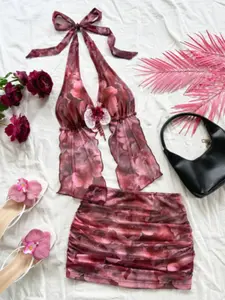 Summer Fashion Two-Piece Set for Women, Mesh Print Top & Bodycon Short Skirt, Casual Daily Wear, Party, All Seasons