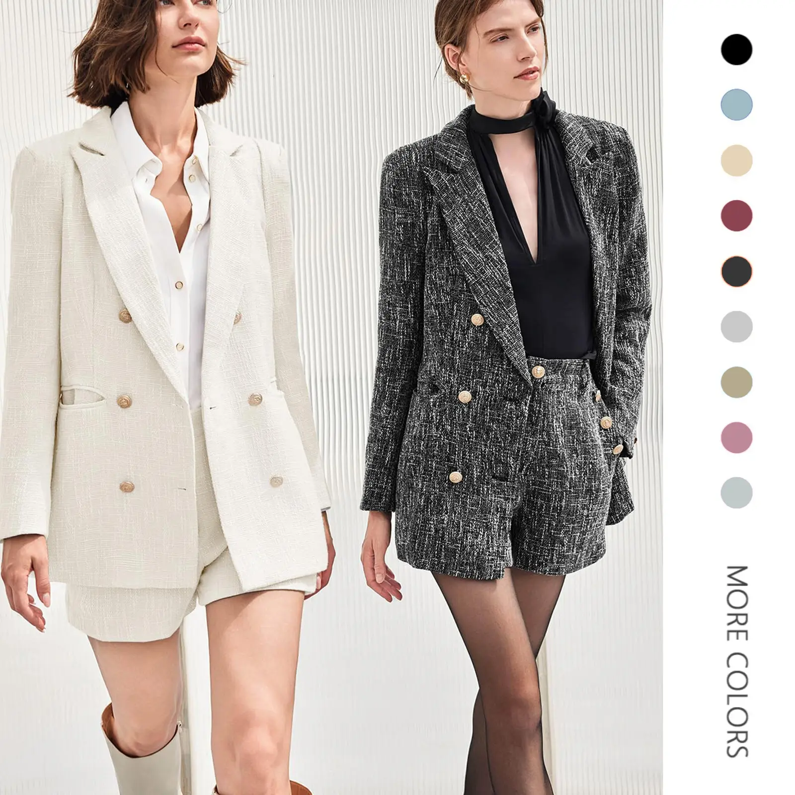 Danedvi Women's Solid Tweed Fabric 2-Piece Shorts Set, Long Sleeve Double-Breasted Button-Up Blazer with Fitted Cut for Business Wear, Soft, Above The Knee, Outfit Inspiration