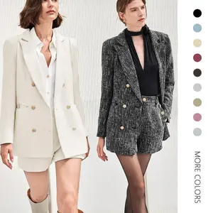 Danedvi Womens 2 Piece Tweed Blazer Shorts Sets Long Sleeve Double Breasted Suit Jackets Business Outfit Dress Top