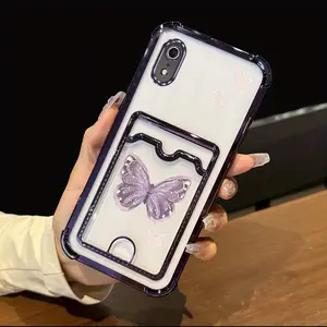 XR Popular Series Card Holder Slot Phone Case For Compatible With iPhone XR Transparent Plating Cover and Elegant Romantic Beautiful Dreamy Purple Butterfly Protector