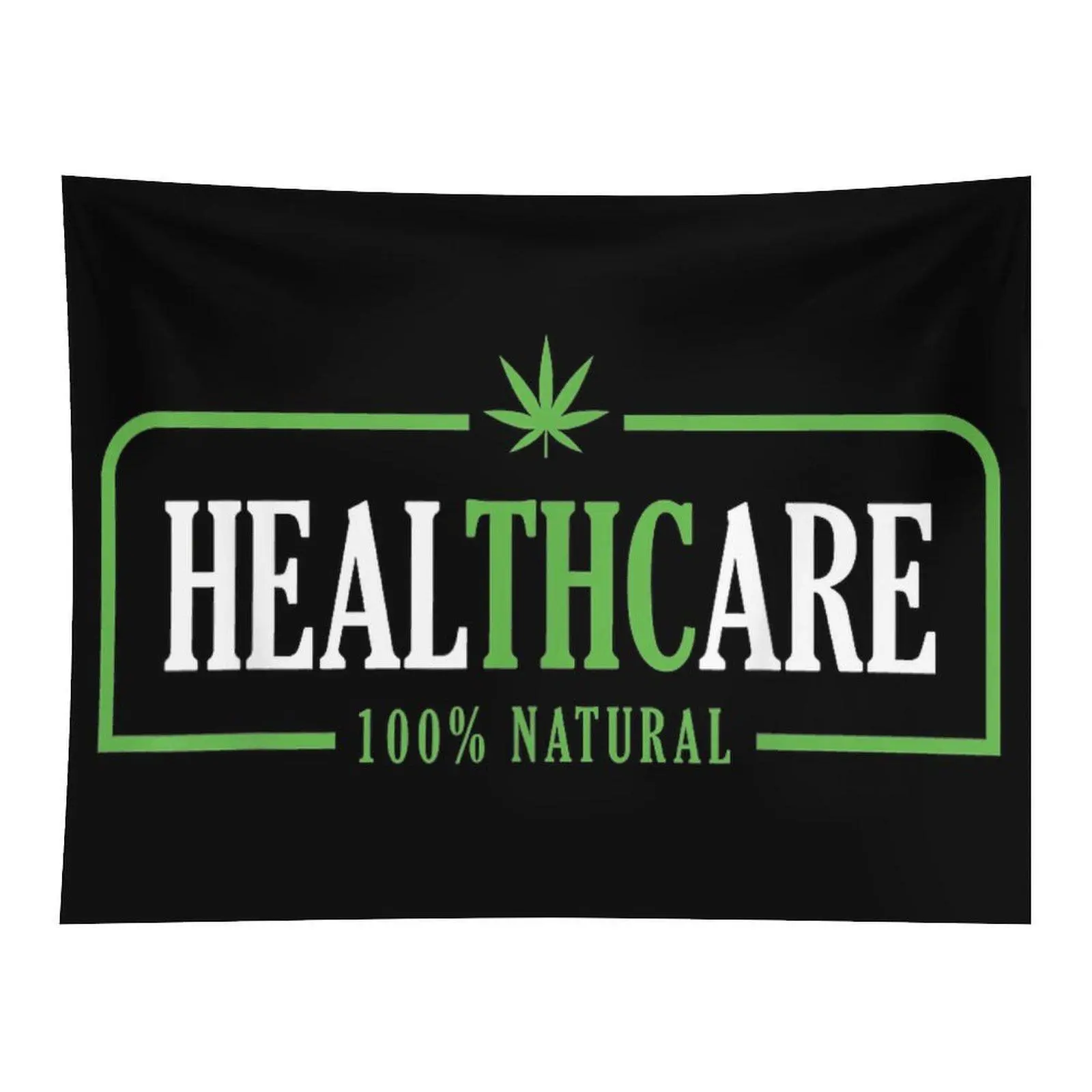 Black Background Healthcare 100% Natural Green Weed Leaf Typography Wall Tapestry Wall Hanging, Funny Medical Cannabis Stoner Graphic Decor for 420 Lounge Bedroom Dorm Party Ornament