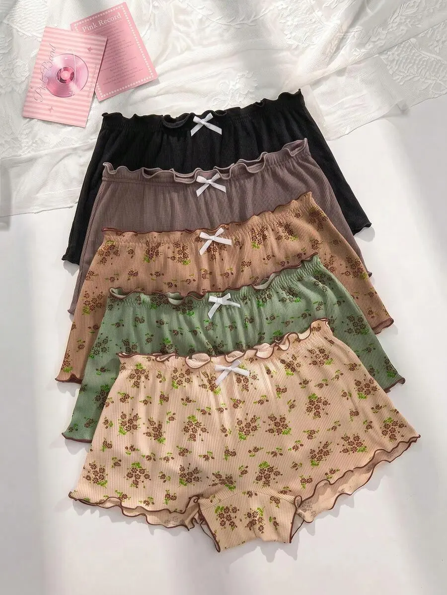 Sleepora x PetitDoll 5pcs/Set Comfortable Floral Print Ruffle Trim Boyshort Panties