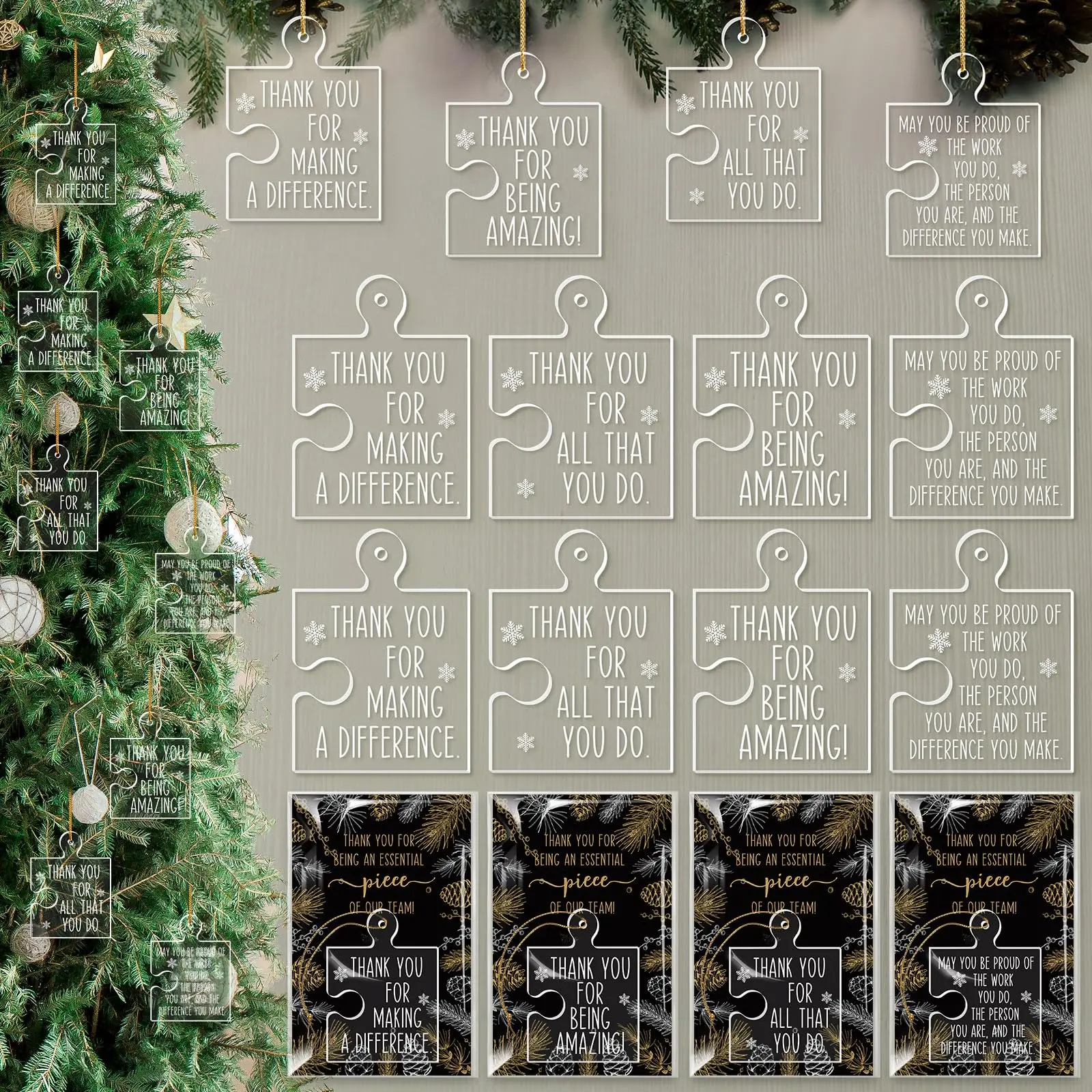 12 Sets Thank You Christmas Tree Ornaments 4 Styles Jigsaw Shaped Hanging With Cards Employee Appreciation Gifts Bulk For Team Coworker Teacher Nurse