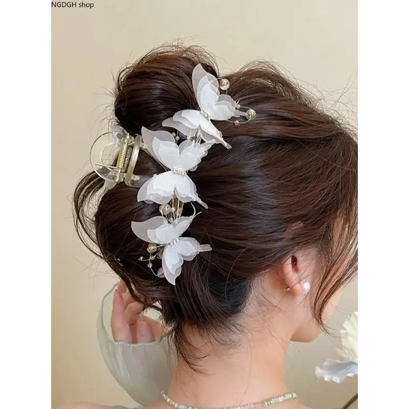 Large White Butterfly Claw Clip with Pearl Accents, Ethereal Hair Accessory for Women, Non-Slip for Bridal Wedding & Prom Updos, Bride Hair Clip, Pearl Hair Pins