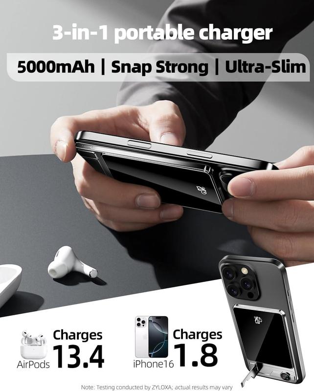 MagSafe Portable Charger 5000mAh, 20W USB-C PD Fast Charging Magnetic Power Bank with Foldable Stand & LED Display, Wireless Charging for Phone, Watch & Earbuds, Compatible with iPhone 17/16/15/14/13/12 Series