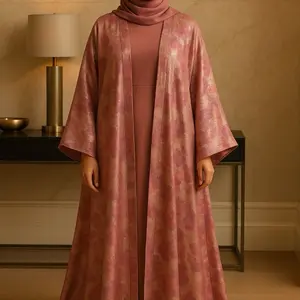 Bokoye Co. Soft Bloom Abaya - Elegant Pink Floral Print Lightweight Satin-Polyester Blend Open Front with Wide Sleeves for Special Occasions