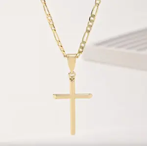 21" Gold Plated Figaro Chain Cross Pendant Necklace
