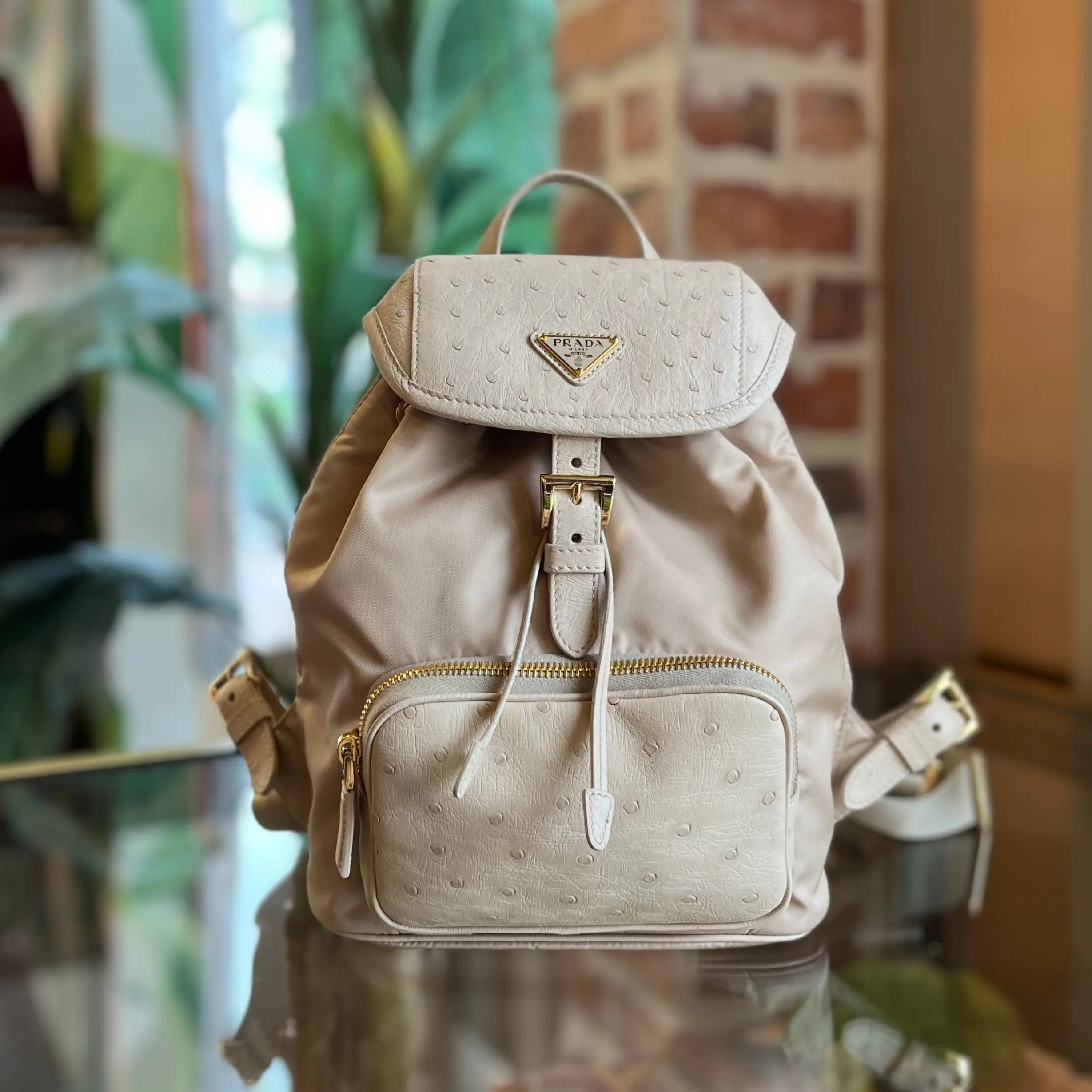 Pre-owned PRADA Re-Nylon Backpacks Small Beige Nylon & Ostrich Leather Backpack Bag