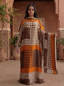 Women's Casual Houndstooth Print Fitted Woven Robe Set, Hooded Shawl Dress + Long Headscarf Hairband, Beach Sun Protection Satin Scarf