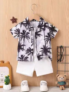 Baby Boy's Palm Tree Print Short Sleeve Shirt & Shorts Set, Casual Summer Clothes for Infant Toddler, Toddler Outfit, Newborn Baby Gifts