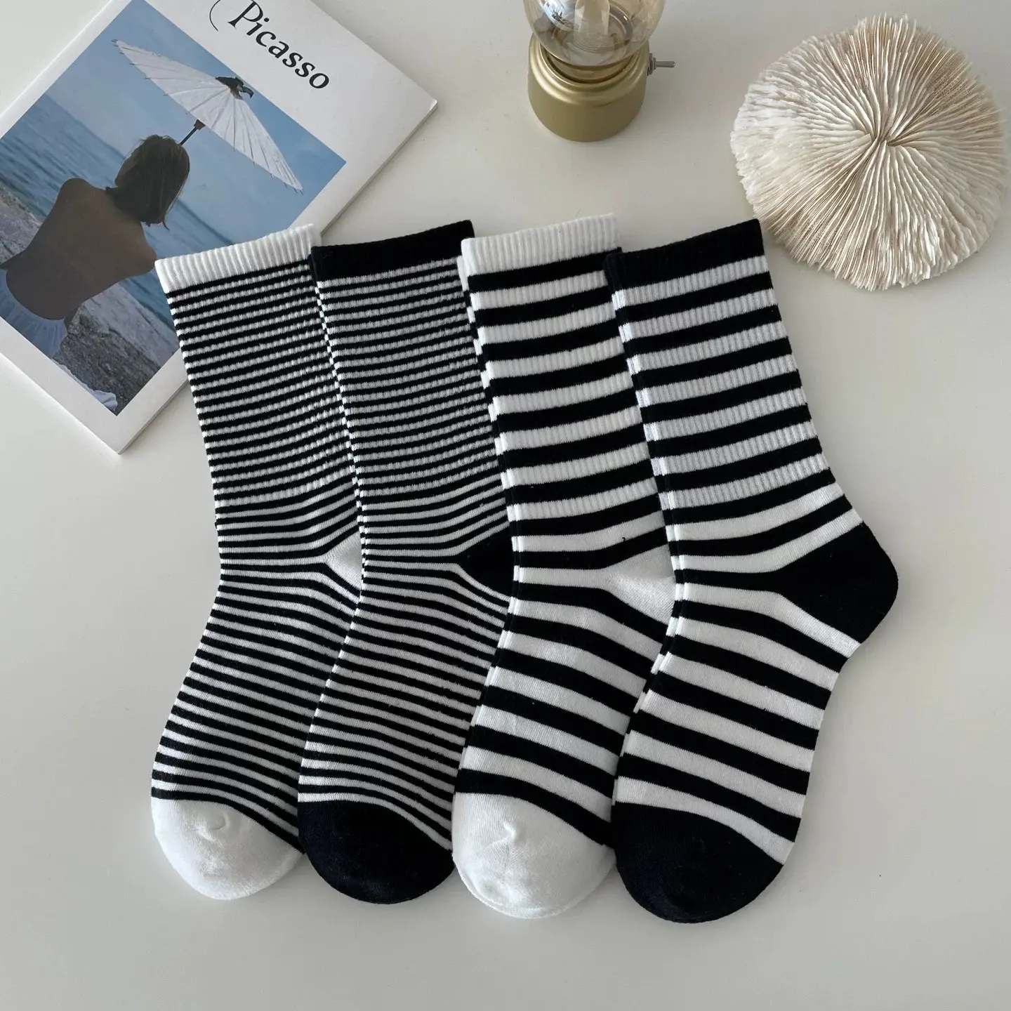 4 Pairs Classic Black White Striped Mid Calf Socks for Women & Couples, Retro Versatile All Season Sports Long Socks