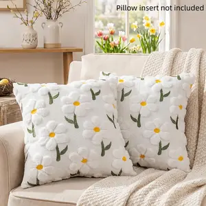 2PCS spring plush daisy decorated pillow covers with handles, 18x18 inches, soft plush daisy pillowcases, suitable for bedroom, living room, sofa, spring and summer party home decoration (excluding pillow core)
