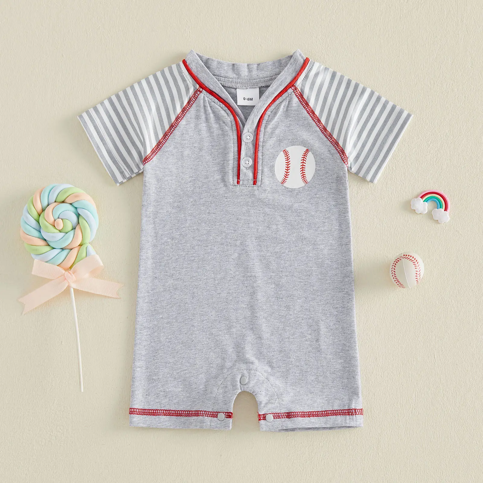 Casual Chic Cotton Blend Infant Baby Boys Romper - Short Raglan Sleeves, V-Neck, Baseball Print, Super Soft Newborn Bodysuit Playsuit for 0-24 Months