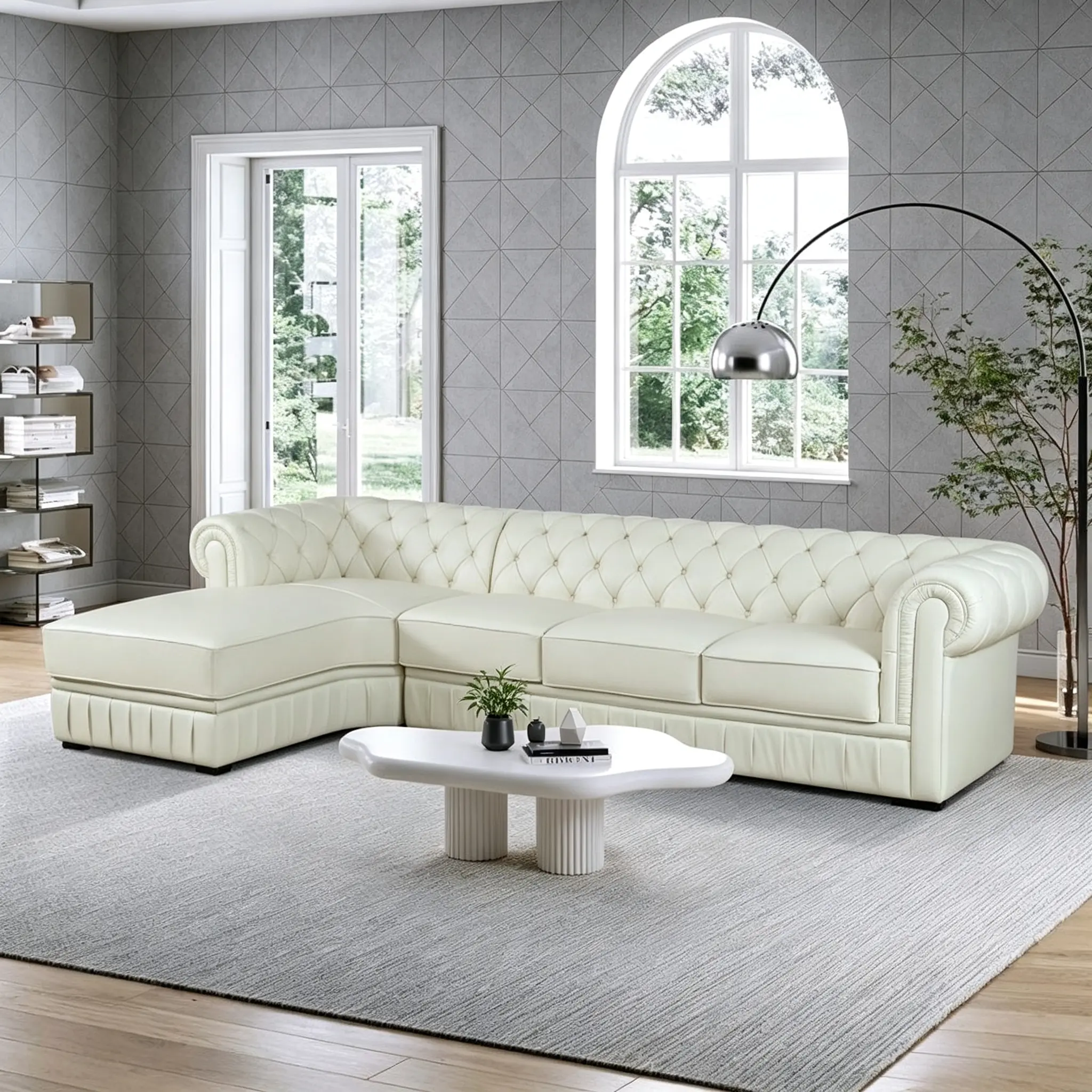 Glam 89" White Cow Top Leather 2-Piece Hand-Crafted Point-Pulling Living Room Sofa Set, Indoor Furniture