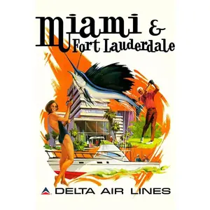 Delta Airlines Miami Vintage Print Painting Wall Art | POSTER 24 X 36 Inches - Unframed Canvas Poster - Unframed Canvas Poster Decor Room Colorful Gifts Ornaments Decoration