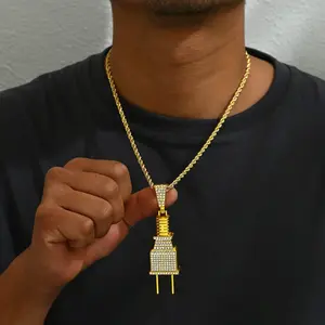 MEN'S LARGE POWER PLUG GOLD SILVER PLATED ICED PENDANT & 18" 20" 24" ROPE CHAIN HIP HOP NECKLACE JEWELRY