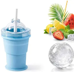 2-in-1 Portable Ice Ball Maker & Collapsible Cup | Reusable Silicone Tumbler with Straw for Iced Coffee, Whiskey, Camping & Travel | Easy Clean