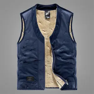 Men's Deep Blue Corduroy Shearling Vest with Full Zip Closure, V-Neck Design, Soft Fleece Lining, Textured Fabric, Warm & Casual Layering Piece, Perfect for Cold Weather & Retro Style