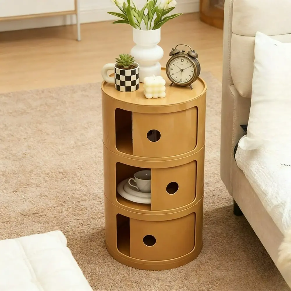 3-Tier Round Bedside Table, Snack Cabinet, Living Room Coffee Table Display Cabinet, Narrow Storage Cabinet, Small Stylish Storage Cabinet, No Installation Required, Suitable for Living Room and Bedroom, Small Space
