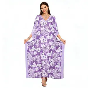 Plus Size Mumu Dresses for Women - Boho Batwing Sleeve Caftan with Side Slits, Long Moo Moo Nightgown & Beach Cover Up - Purple Leaf
