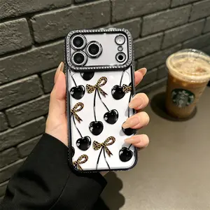 Cherry Bow Print Phone Case Cute Fruit Pattern Compatible with iPhone 17 16 15 14 13 12 11 Series Simple Color Scheme