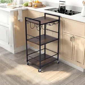 Homy Casa Loki Cart Rolling Kitchen Storage Cart with Wine Rack & Hooks Multifunctional Microwave Stand Fruit Veggie Organizer Dining Bar Cart with Wheels Compact Metal Frame 3-Tier Utility Shelf