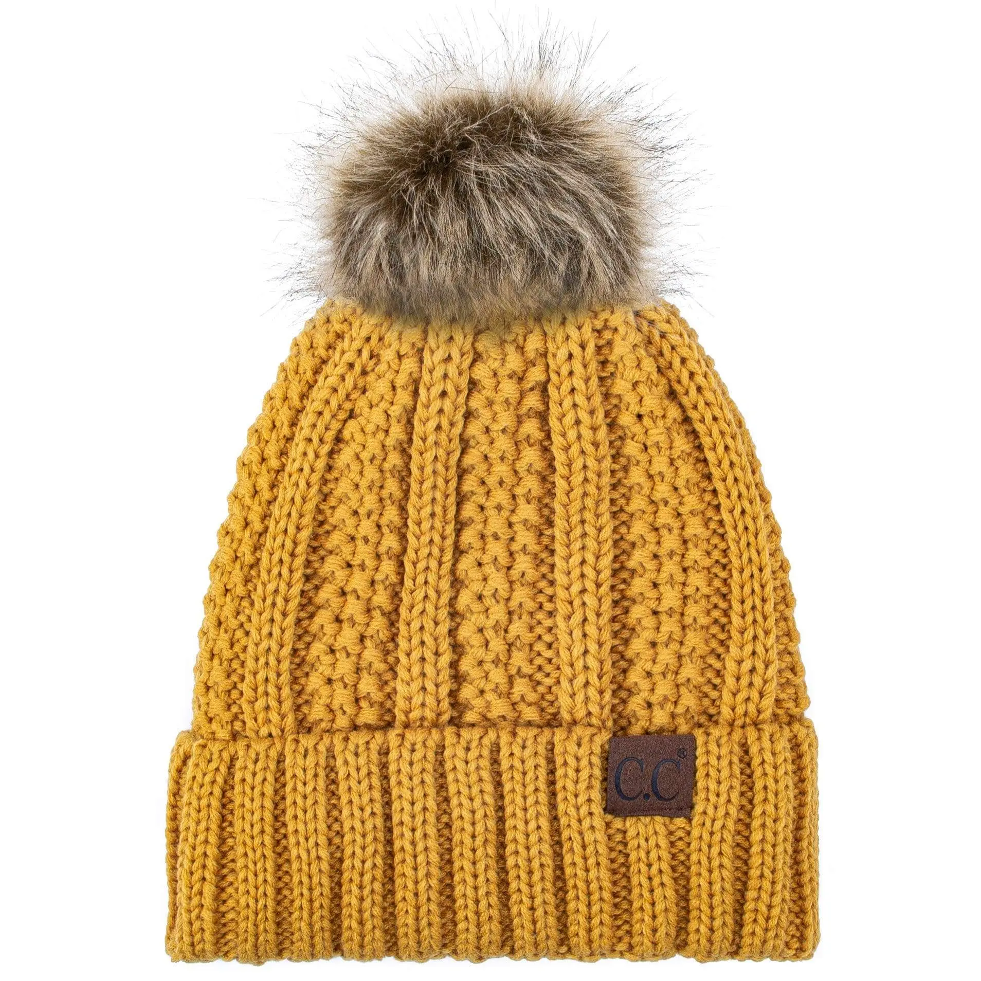 Thick Cable Knit Beanie with Faux Fur Pom Pom Fleece Lined 
