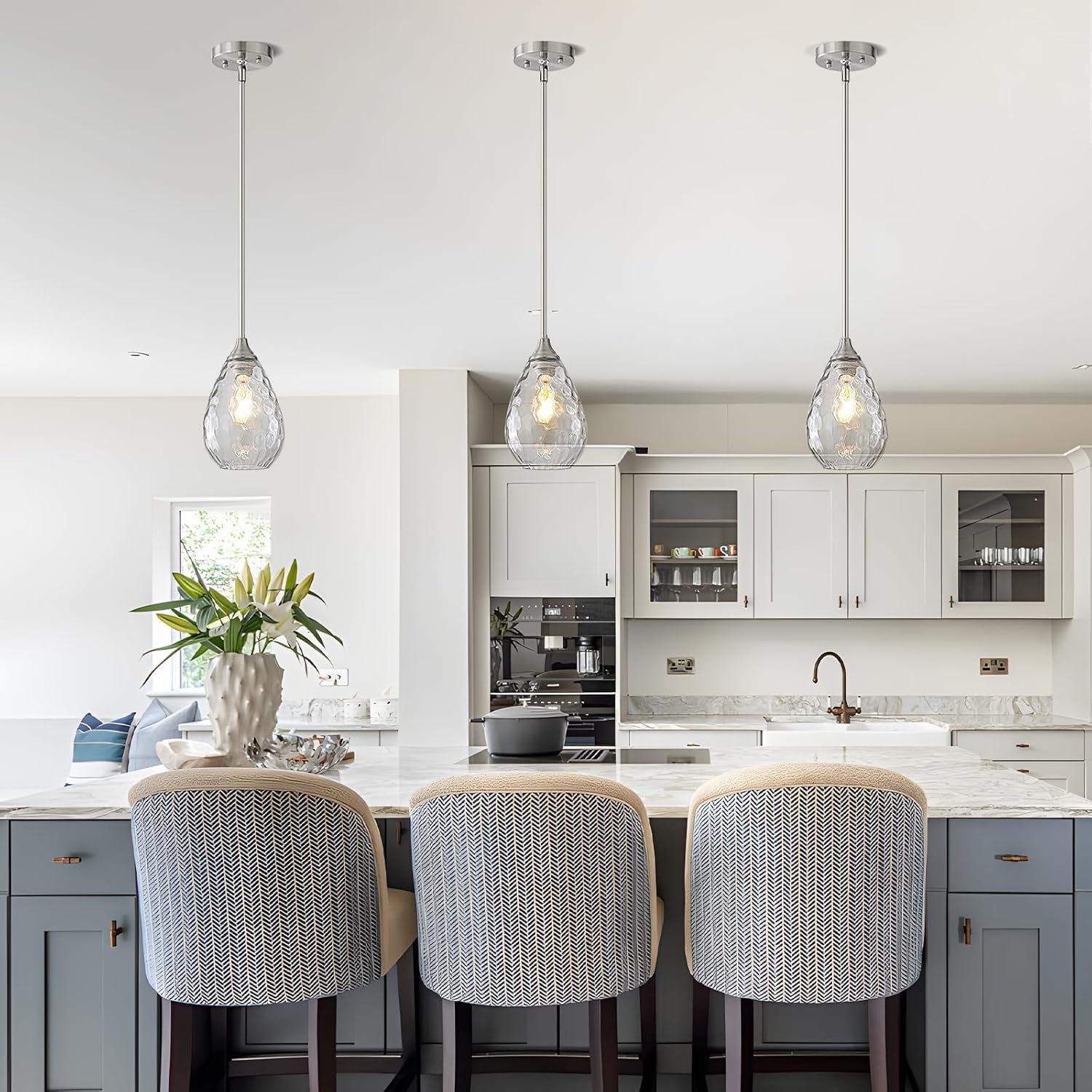 Glass Pendant Lights Kitchen Island, 1-Light Modern Brushed Nickel Fixtures with Hammered Glass & Rods Small Hanging Light for Kitchen Sink Dining Room Bathroom