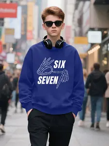 Trendy Skull Hand Print Boys' Sweatshirt, Casual Round Neck Pullover for Teens & Kids, Spring Fall Winter Fashion, Casual Sweatshirts