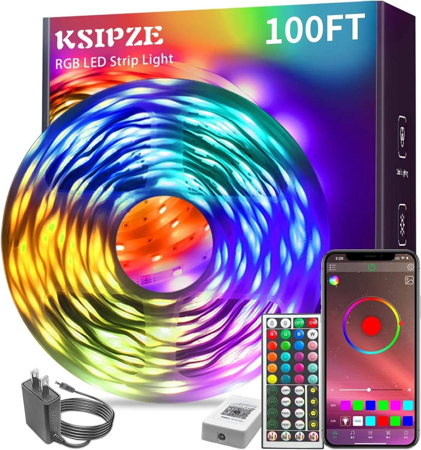 Led Strip Lights 100ft RGB Music Sync Color Changing Led Lights Smart App Control Remote Flexible Strip Lights Light Strip Kit for Bedroom Room Lighting Home Décor Party Atmosphere Accent Lighting