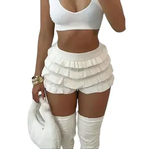 Women's Solid Cute Y2K Summer Elastic Waist Balletcore Sweet Kawaii White Ruffle Trim Bodycon Knitted Micro Mini Shorts Summer Shorts Beach Holiday
