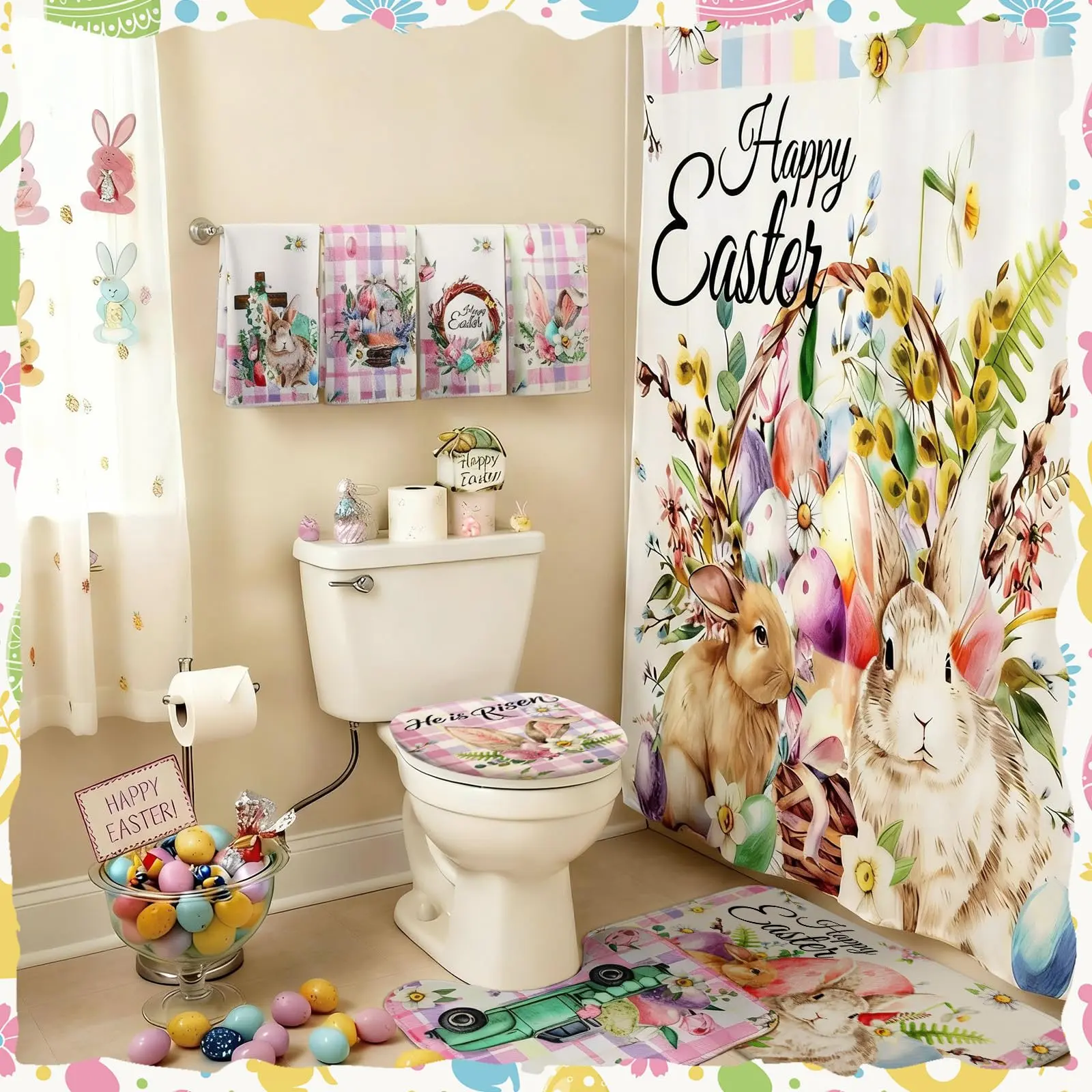 4/8Pcs Easter Bunny Bathroom Decor Set including 70x70in Waterproof Bunny Flower Shower Curtain with Hooks & Non Slip Bath Mat & U shaped Rug & Toilet Lid Cover for Spring Bathroom Makeover Home Supplies 4/8Pcs Easter Bunny Bathroom Decor Set including 70x70in Waterproof Bunny Flower Shower Curtain with Hooks & Non Slip Bath Mat & U shaped Rug & Toilet Lid Cover for Spring Bathroom Makeover Home Supplies